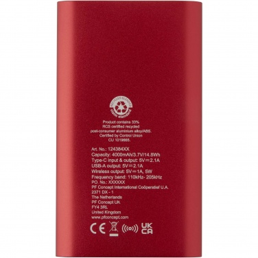 Logotrade Geschäftsgeschenke das Foto: Juice 4000 mAh Typ-C kabellose Powerbank aus recyceltem Aluminium 
