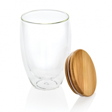 Logotrade Werbegeschenke das Foto: Doppelwandiges Borosilikatglas mit Bambusdeckel 350ml
