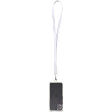 Logotrade Logogeschenke das Foto: Franz 5 in 1 Lanyard Kabel aus recyceltem Kunststoff für Smartphones mit integrierter Datensynchronisierung und 65 W Schnellladefunktion