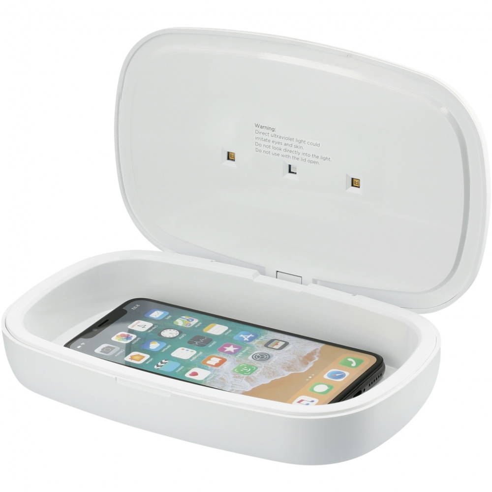 Logo trade business gifts image of: Capsule UV smartphone sanitizer with 5W wireless charging pad