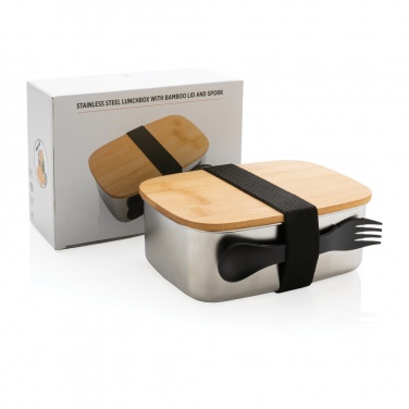 Logotrade promotional product picture of: Stainless steel lunchbox with bamboo lid and spork