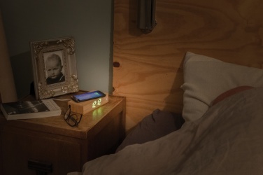 Logotrade corporate gift picture of: Bamboo alarm clock with 5W wireless charger