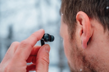 Logo trade promotional giveaways image of: Skywave RCS recycled plastic solar earbuds