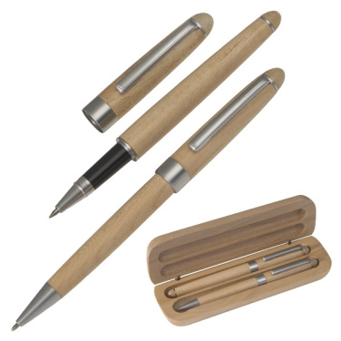 Logo trade promotional gifts image of: Wooden writing set ballpen and roller INDIANAPOLIS