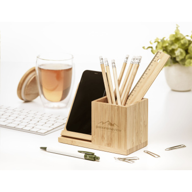 Logo trade corporate gifts image of: Bamboo Boss 15W charger/pen holder