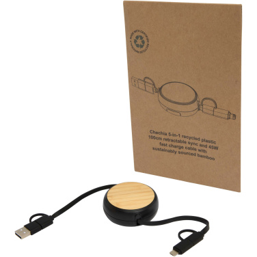 Logo trade promotional items image of: Chechia 5-in-1 recycled plastic 100 cm retractable data sync and 45W fast charge cable