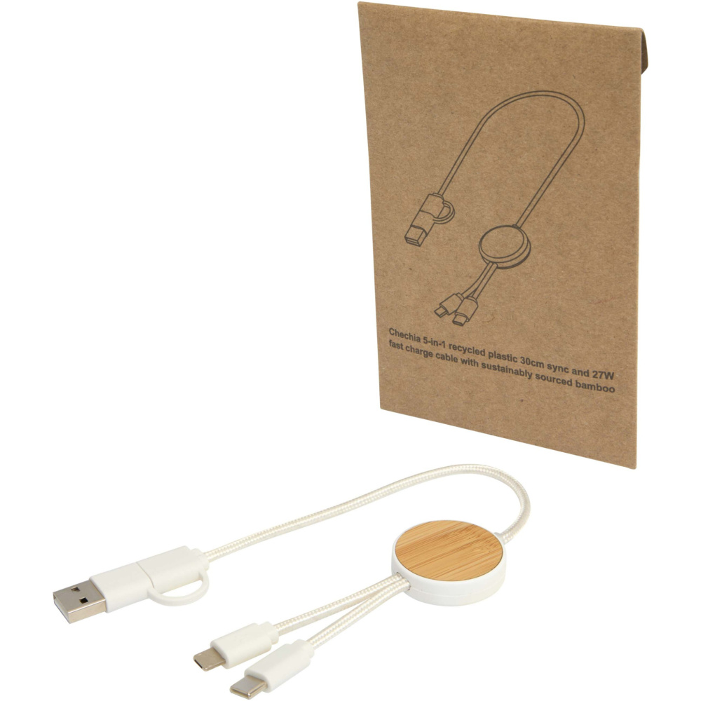 Logotrade promotional merchandise picture of: Chechia 5-in-1 recycled plastic 30 cm data sync and 27W fast charge cable with bamboo details