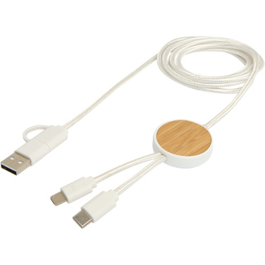 Logo trade corporate gifts picture of: Chechia 5-in-1 recycled plastic 150 cm data sync and 27W fast charge cable with bamboo details