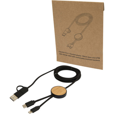 Logotrade advertising products photo of: Chechia 5-in-1 recycled plastic 150 cm data sync and 27W fast charge cable with bamboo details