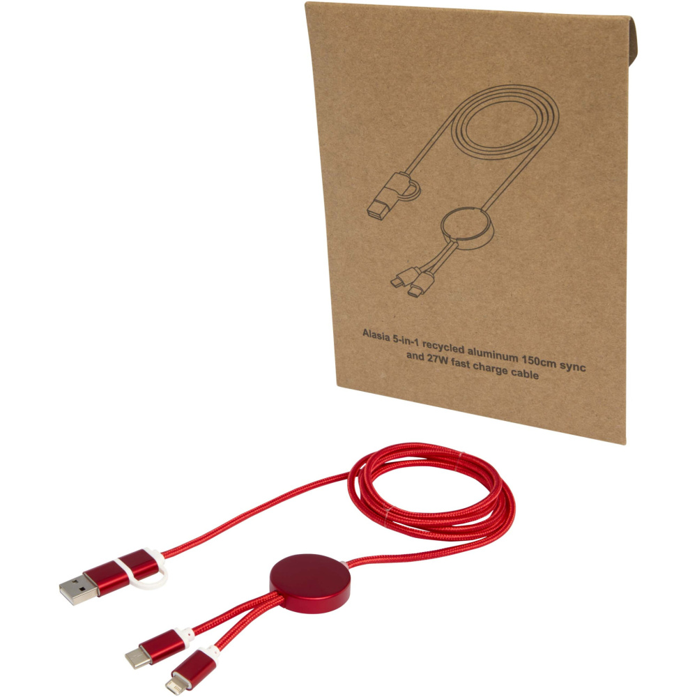 Logo trade promotional product photo of: Alasia 5-in-1 recycled aluminium and plastic 150 cm data sync and 27W fast charge cable
