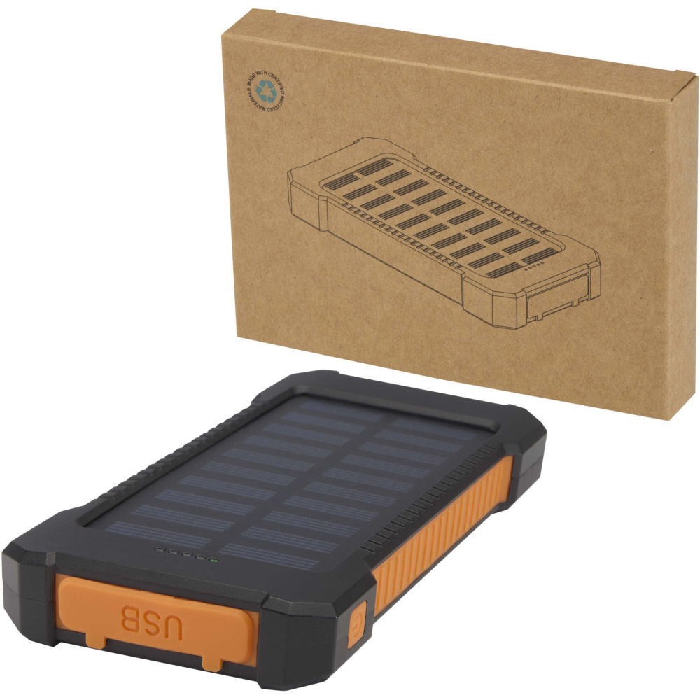 Logo trade business gifts image of: Altair 5000 mAh 10W recycled plastic rugged solar power bank with built-in torch