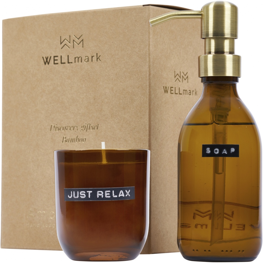 Logo trade reklaamkingitused foto: Wellmark Discovery 200 ml käteseebi dosaator ja 150 g lõhnaküünla komplekt - bambuse lõhn