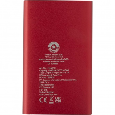 Logotrade mainoslahja ja liikelahja kuva: Pep 4 000 mAh:n Type-C-varavirtalähde kierrätetystä alumiinista 