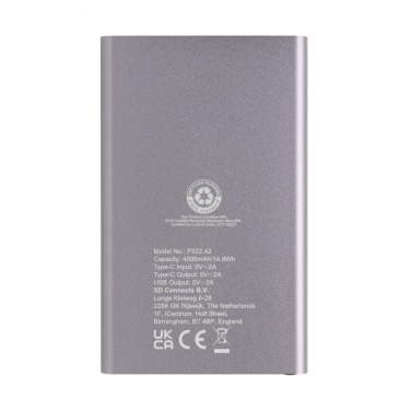 Logo trade mainoslahja ja liikelahja tuotekuva: 4000mAh virtapankki USB-C:llä RCS muovista/alumiinista