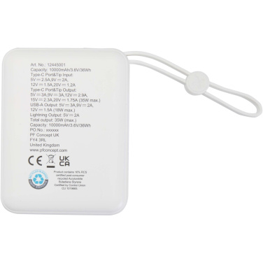 Logotrade verslo dovanos nuotrauka: „Acrux“ 10 000 mAh 35 W planšetinio kompiuterio išorinė baterija su integruotu C tipo laidu – pagaminta iš perdirbto plastiko