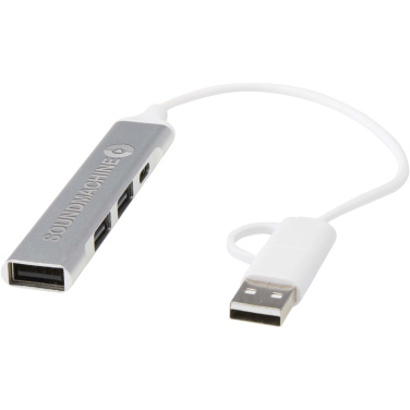 Logotrade firminės dovanos nuotrauka: „Alkaid“ 4 prievadų perdirbto aliuminio USB-A ir C tipo šakotuvas su dviguba įvestimi